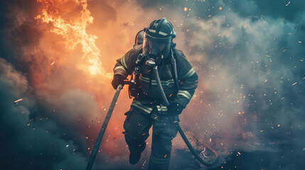 Fototapeta premium Heroic Firefighter in Black Refractory Pants Running with Hose, Smoke Billowing Behind