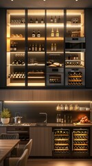 Modern kitchen with wine cellar. AI.