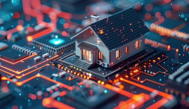 Smart home concept with glowing lights on a circuit board. AI.