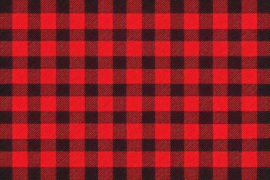 Seamless fabric texture in red buffalo plaid checkered pattern, ideal for use in textiles, fashion design and backgrounds