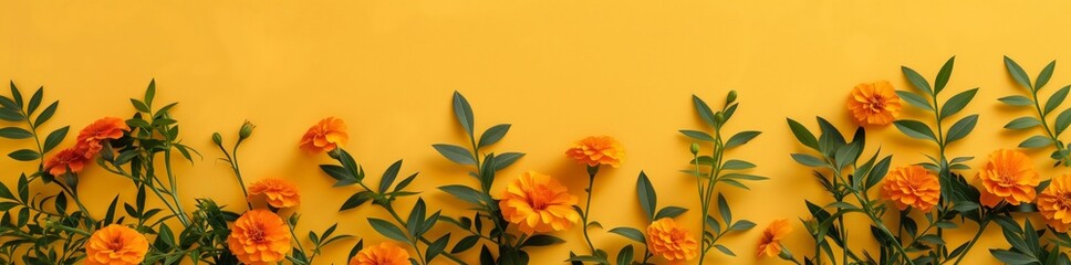 Marigold Flowers on Yellow Background - Bright Orange Blossoms and Green Leaves. Flat Lay with Copy Space. Top View