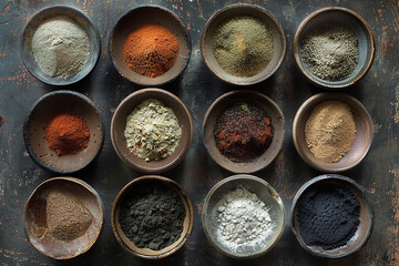 Vibrant Array of Powdered Spices in Ceramic Bowls - Earthy Tones  