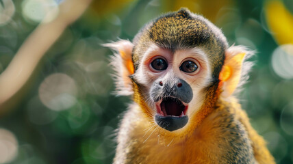Naklejka premium A tiny monkey caught in a moment of surprise, its expression captured in detail