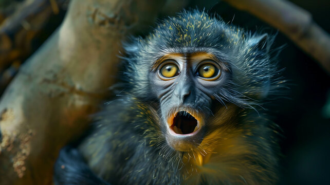 A tiny monkey caught in a moment of surprise, its expression captured in detail