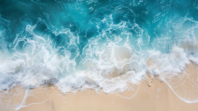 blue ocean waves washing up on a sun-kissed beach, captured from a ariel view