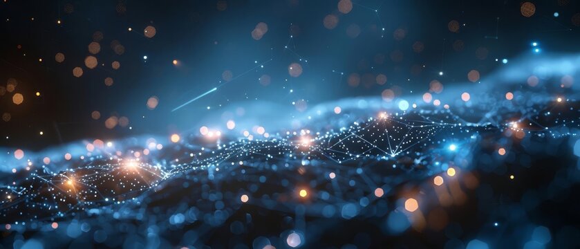 Abstract blue and white background with shimmering lights and a starry sky effect.