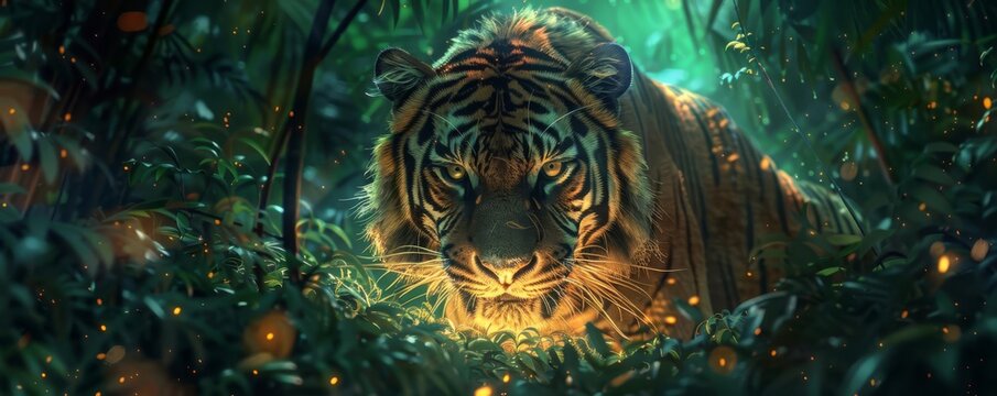 Aldebaran star shining on a tiger in a jungle with digital foliage, Fantasy, Green and Gold, Illustration, Mystical