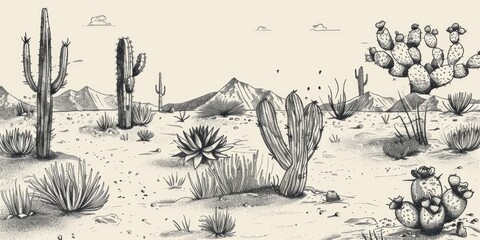 Vintage-style illustration of a desert landscape with various cacti. The drawing features detailed shading and textures, capturing the arid environment and mountainous background.