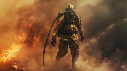 Fototapeta premium Heroic Firefighter in Black Refractory Pants Running with Hose, Smoke Billowing Behind