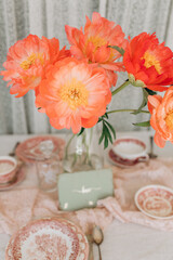 Festive decor on the table with flowers, brunch in rustic style