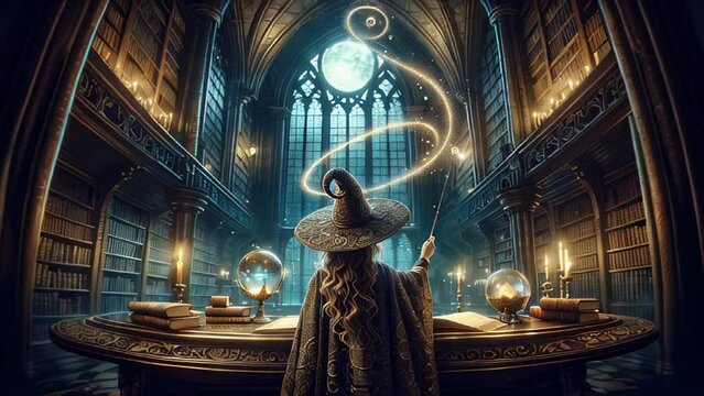 A wizard is casting spells in a majestic library, surrounded by ancient tomes and magical items, under the enchanting glow of the moonlight creating a mystical and ethereal ambiance