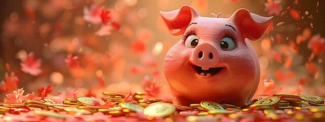 Obraz premium Whimsical Piggy Bank Atop a Pile of Shiny Golden Coins in Pastel Pink Hue