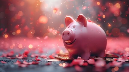 Whimsical 3D Rendered Piggy Bank Saving Money with Intricate Coin Details