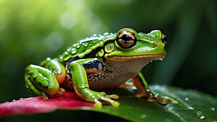 Obraz premium A vibrant green tree frog sitting on a lush tropical leaf, with dewdrops on its skin reflecting the sunlight. 