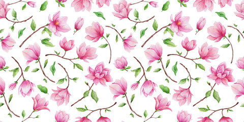 Flower Magnolia watercolor seamless pattern. Hand painted background with pink bud and leaves on white. Floral design for textile fabric or wallpaper © Elena