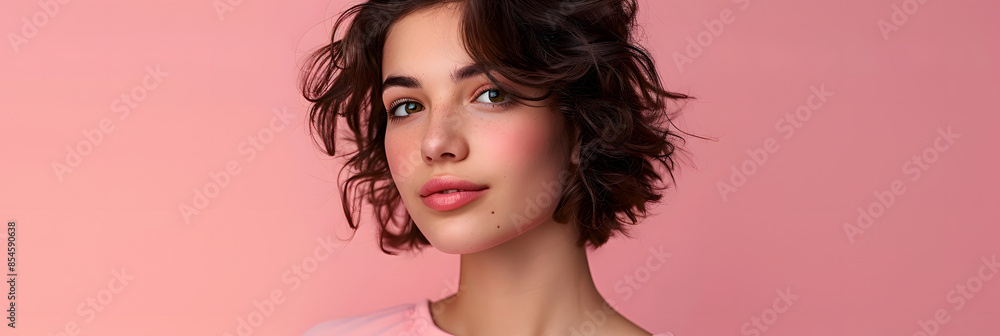 Canvas Prints young attractive woman on a pink background portrait studio. Creative banner. Copyspace image