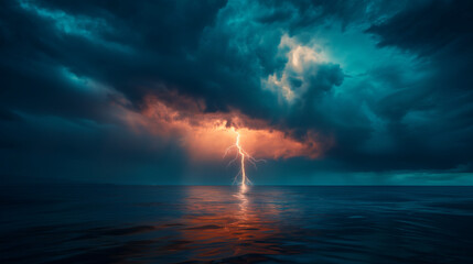 A powerful lightning bolt, bright and white, strikes down from a dark, stormy cloud, illuminating the surrounding waters. The sky is dominated by a mix of dark and light clouds