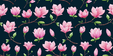Flower Magnolia watercolor seamless pattern. Hand painted background with pink bud and leaves on dark. Floral design for textile fabric or wallpaper