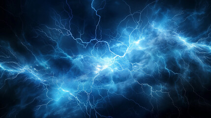 Fototapeta premium intense display of lightning, emanating from a central point and branching out in multiple directions. The lightning is a bright blue, contrasting sharply against a dark, almost black background.