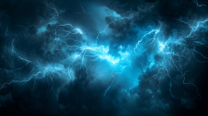 Obraz premium intense display of lightning, emanating from a central point and branching out in multiple directions. The lightning is a bright blue, contrasting sharply against a dark, almost black background.