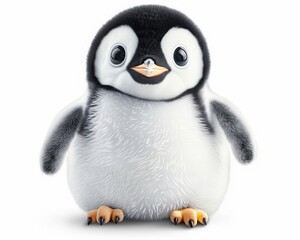 Fototapeta premium A cute and cuddly penguin toy. It has black and white feathers, a yellow beak, and orange feet. It is standing on a white background.