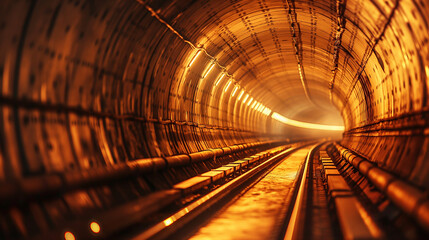 A subterranean tunnel, presumably a railway or metro tunnel. The tunnel is illuminated by a series of lights along its curved walls, casting a warm, golden hue.