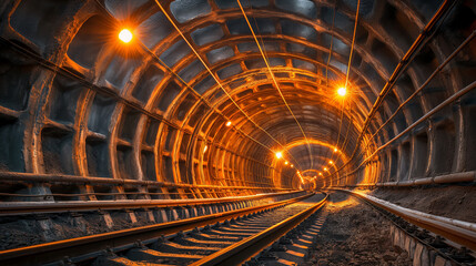 A subterranean tunnel, presumably a railway or metro tunnel. The tunnel is illuminated by a series of lights along its curved walls, casting a warm, golden hue.