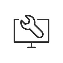 Computer repair, linear style icon. IT support and technical maintenance. Editable stroke width