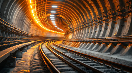 Fototapeta premium A subterranean tunnel, presumably a railway or metro tunnel. The tunnel is illuminated by a series of lights along its curved walls, casting a warm, golden hue.