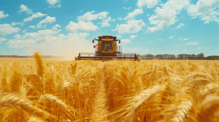 Obraz premium A vast wheat field under a clear blue sky with scattered clouds. In the foreground, golden wheat stalks sway with the breeze. Dominating the middle of the image is a large agricultural combine harvest