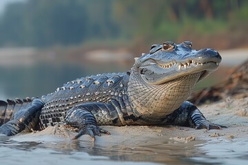 Obraz premium A Gharial crocodile resting on a sandy riverbank in India, its long, narrow snout filled with sharp teeth visible as it basks in the sun.