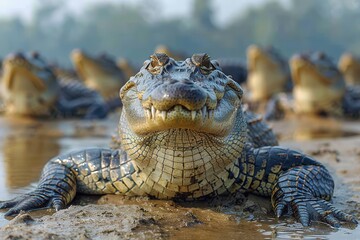 Fototapeta premium A Gharial crocodile resting on a sandy riverbank in India, its long, narrow snout filled with sharp teeth visible as it basks in the sun.
