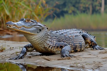 Obraz premium A Gharial crocodile resting on a sandy riverbank in India, its long, narrow snout filled with sharp teeth visible as it basks in the sun.