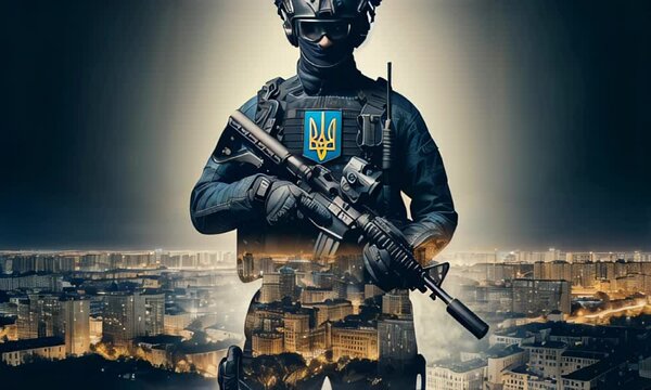 An armed special forces soldier standing guard over a cityscape, symbolizing protection and readiness.