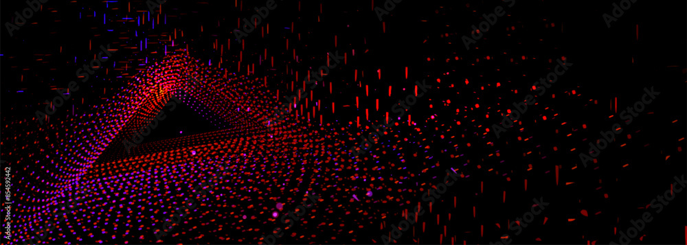 Poster neon dots and lines in triangular tunnel on black background. realistic 3d vector illustration of ab