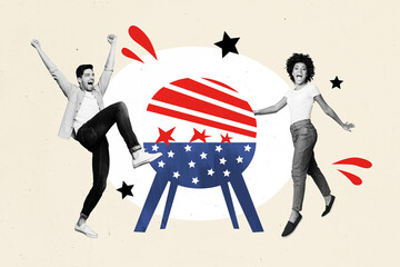 Exclusive magazine picture sketch collage image of excited couple cooking bbq enjoying 4th july together isolated creative background