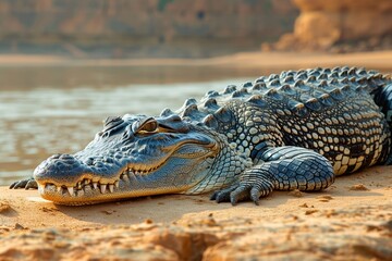 Fototapeta premium A Gharial crocodile resting on a sandy riverbank in India, its long, narrow snout filled with sharp teeth visible as it basks in the sun.