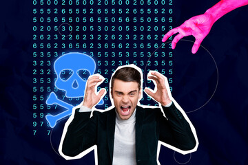 Creative collage of sad frightened angry man scream hand catch skeleton danger hacker steal data...