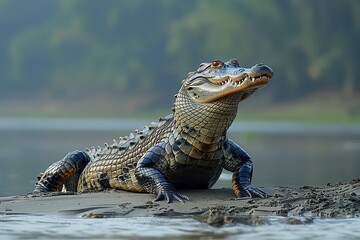 Fototapeta premium A Gharial crocodile resting on a sandy riverbank in India, its long, narrow snout filled with sharp teeth visible as it basks in the sun.