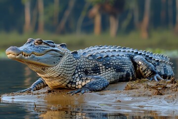 A Gharial crocodile resting on a sandy riverbank in India, its long, narrow snout filled with sharp teeth visible as it basks in the sun.