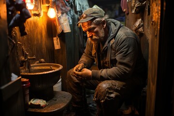 A miner worker washes himself in terrible and inhumane conditions underground.