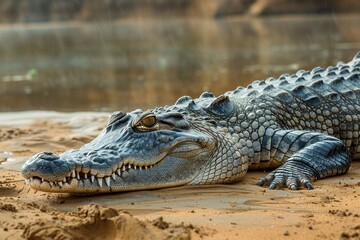 Obraz premium A Gharial crocodile resting on a sandy riverbank in India, its long, narrow snout filled with sharp teeth visible as it basks in the sun.