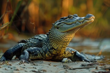 Fototapeta premium A Gharial crocodile resting on a sandy riverbank in India, its long, narrow snout filled with sharp teeth visible as it basks in the sun.