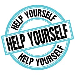 HELP YOURSELF text on blue-black round stamp sign