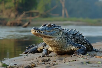 Obraz premium A Gharial crocodile resting on a sandy riverbank in India, its long, narrow snout filled with sharp teeth visible as it basks in the sun.