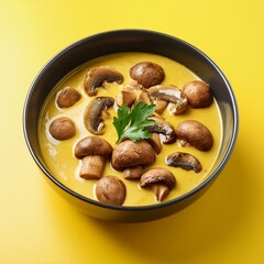 Fototapeta premium Indian cuisine mushroom masala curry on yellow background