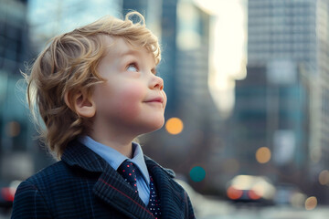 Fototapeta premium AI generated picture of little child pretends to be an airplane pilot concept of adulthood