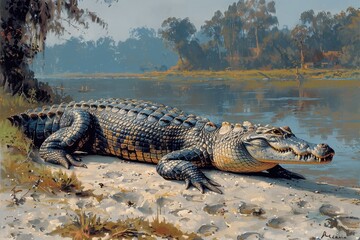 Obraz premium A Gharial crocodile resting on a sandy riverbank in India, its long, narrow snout filled with sharp teeth visible as it basks in the sun.