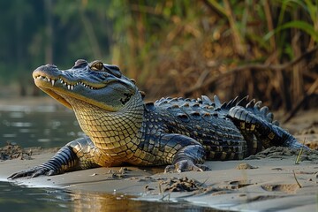 Obraz premium A Gharial crocodile resting on a sandy riverbank in India, its long, narrow snout filled with sharp teeth visible as it basks in the sun.