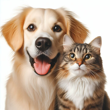 Perro y gato sentados mirando a c&aacute;mara aislados sobre fondo blanco